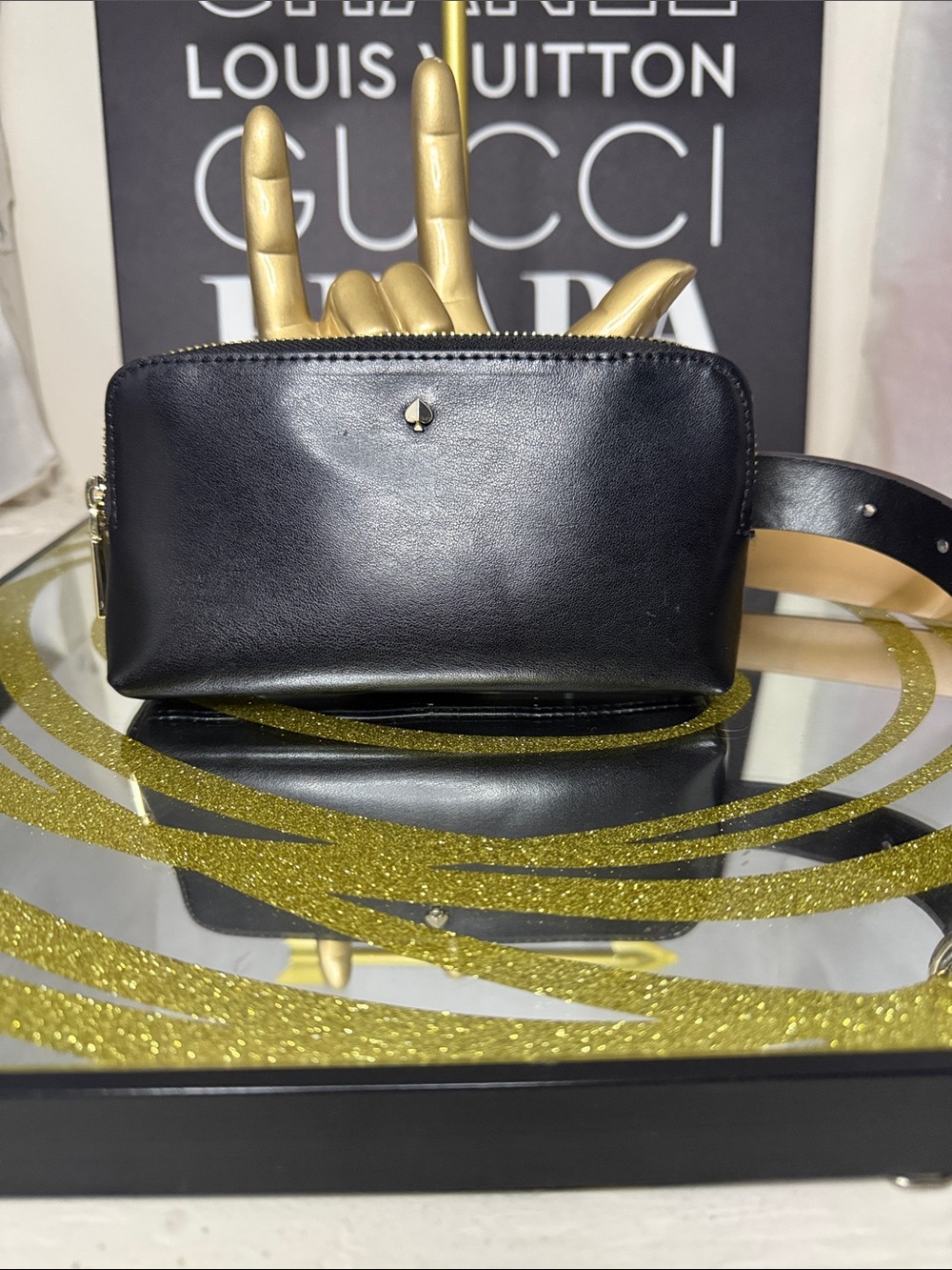 kate spade Black Leather Zip Belt Bag with Gold Accent